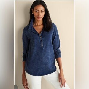 Soft Surroundings Neera Navy Open Collar Shirt Washed Denim Look Size Medium